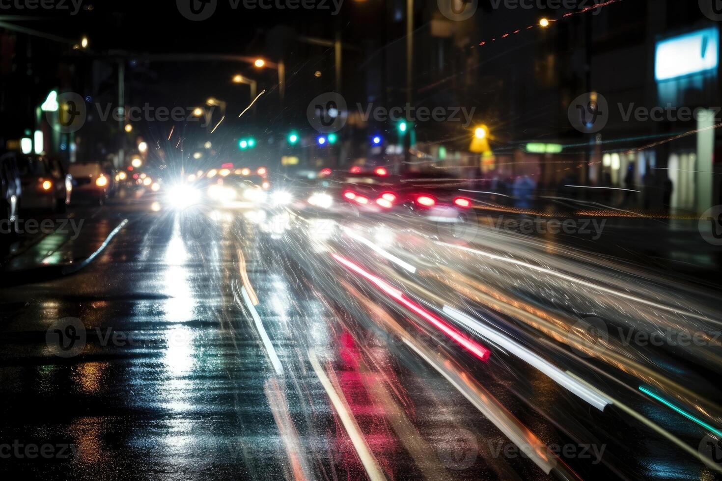 Photo of night city lights and traffic speeding by cars. Bokeh effect background.