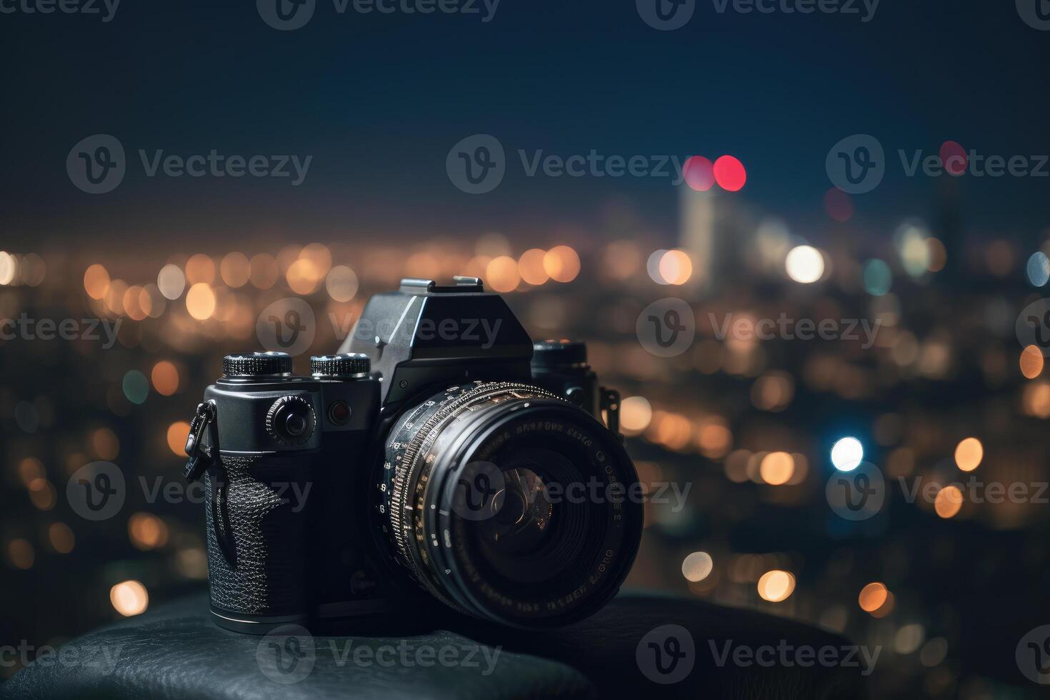 Dslr camera in the front with bokeh effect of the cityscape in the background. photo