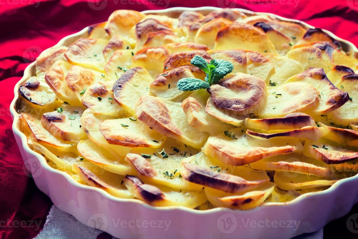 Baked potato dish close-up photo