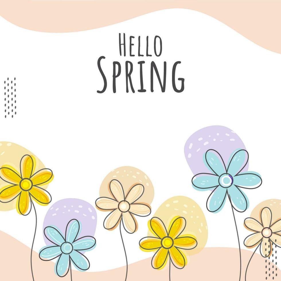Hello Spring Poster Design With Pastel Flowers On Pink And White Background. vector