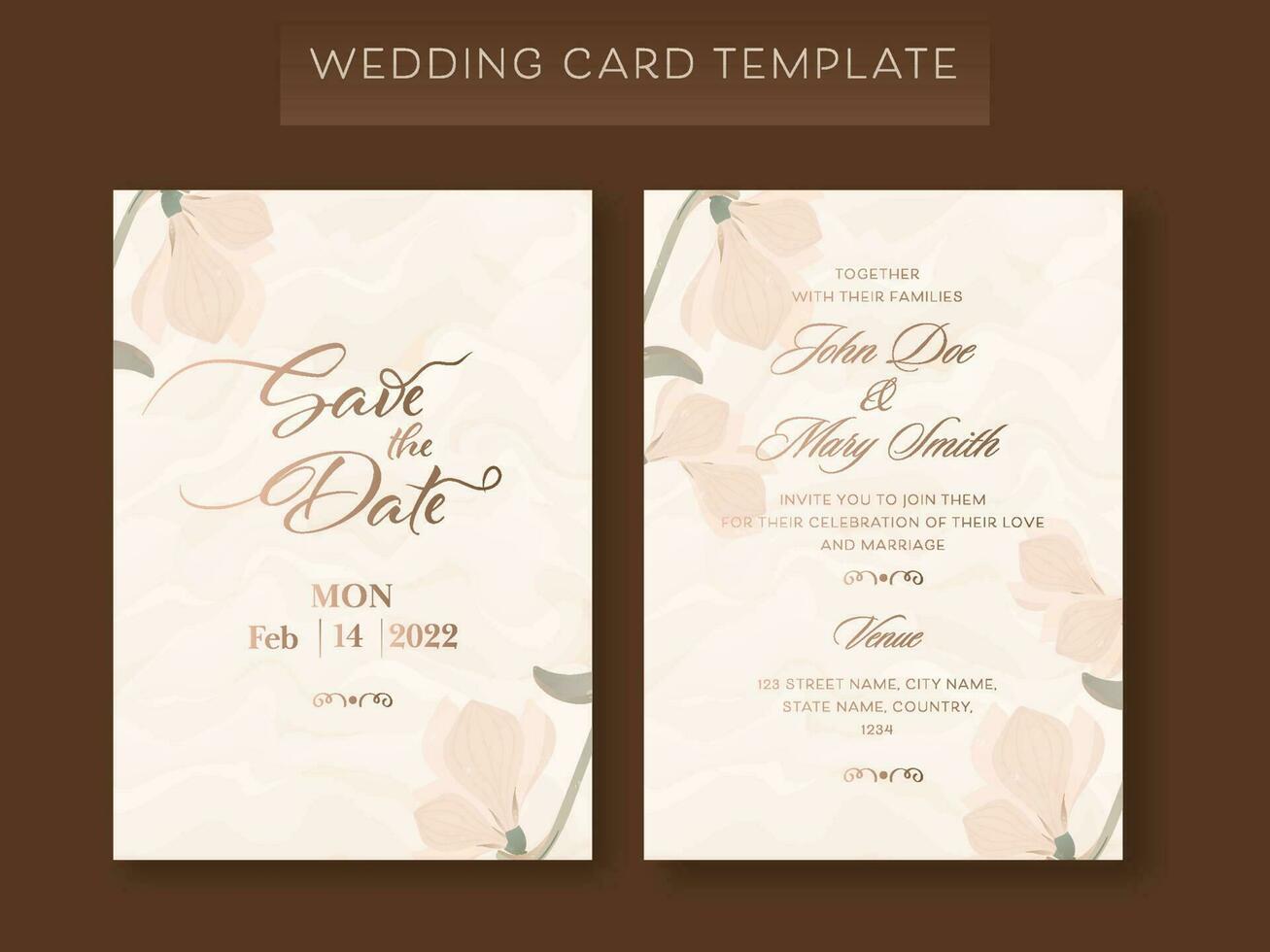 Wedding Cards Template Layout Decorated With Floral On Brown Background. vector