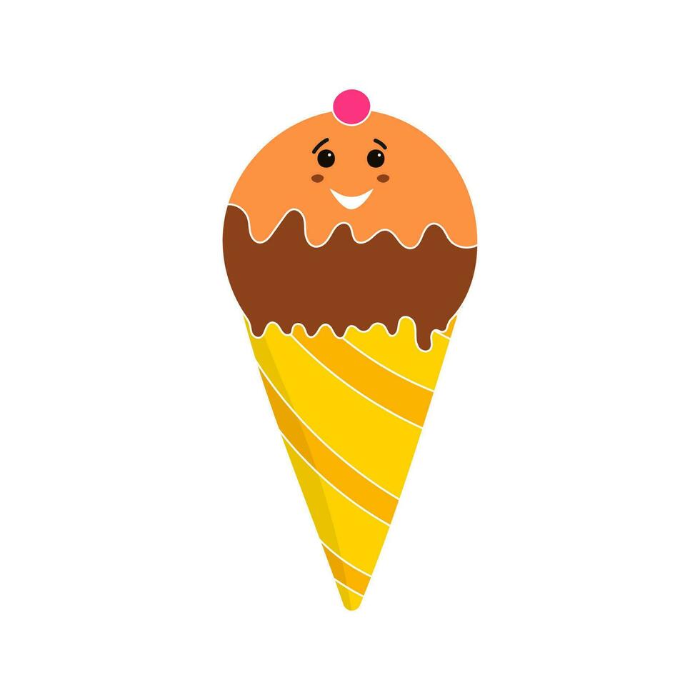 Cheerful Ice Cream Cone Flat Icon In Yellow And Brown. vector