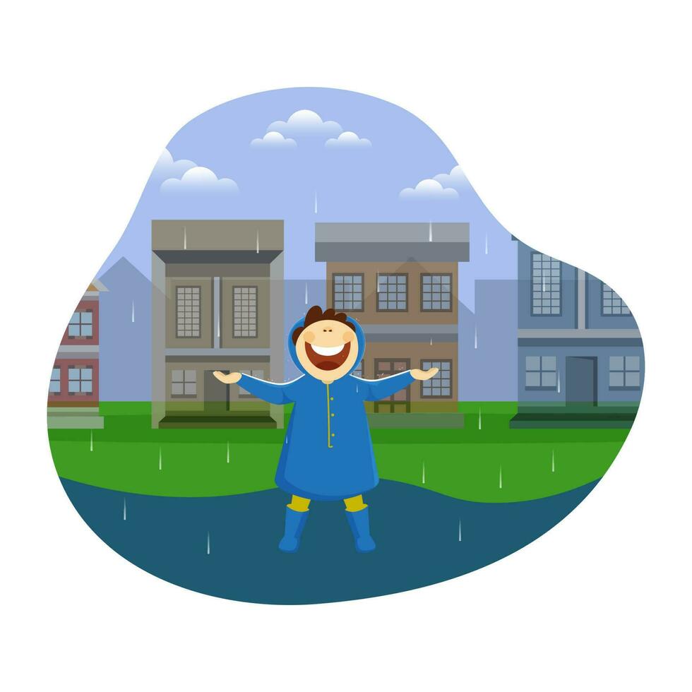 Cheerful Young Boy Enjoying Rainy Season And Buildings On White Background. vector