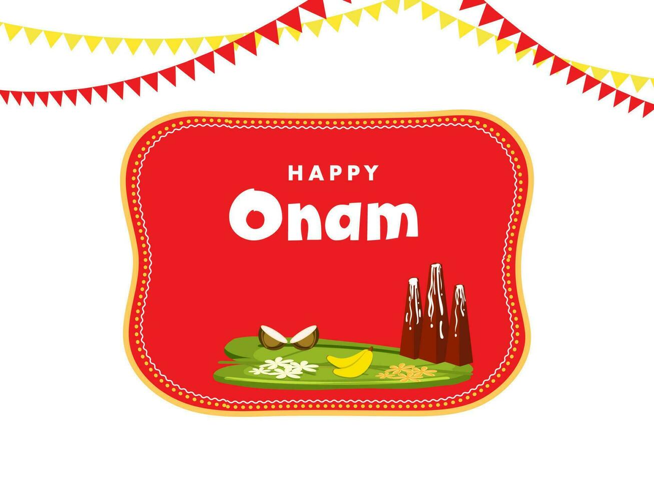 Happy Onam Celebration Concept With Thrikkakara Appan Idol, Fruits, Flowers Over Banana Leaves, Bunting Flags On Red And White Background. vector