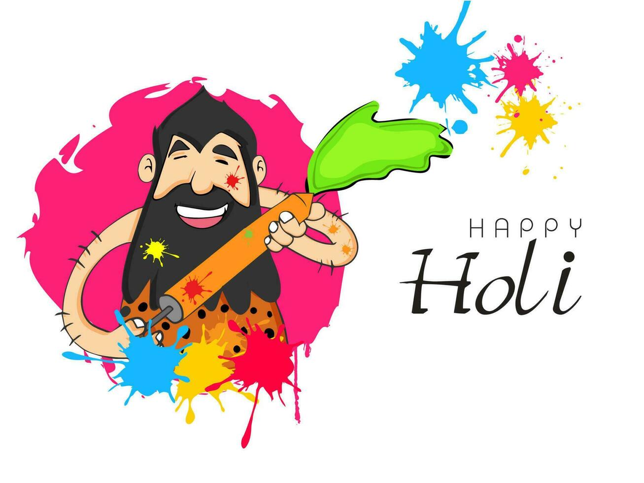 Holi Celebration Concept With Funny Caveman Spraying Color From Pichkari On White Background. vector
