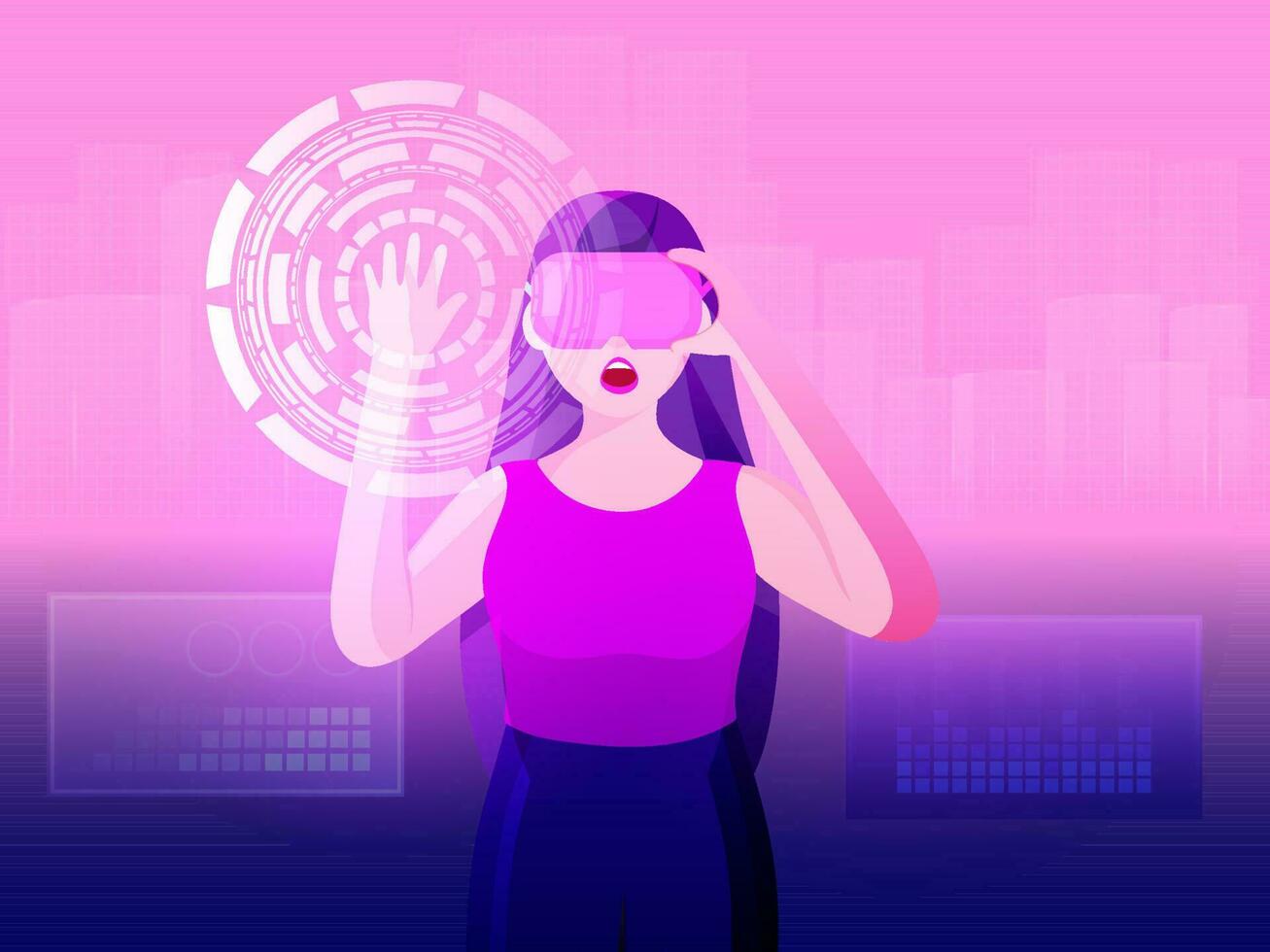 Futuristic digital technology, metaverse, NFT, virtual reality concept, young girl wearing VR, virtual reality goggle, experiencing virtual world. vector