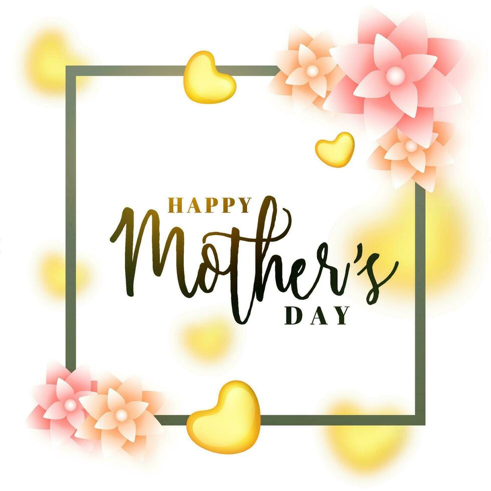 Happy Mother's Day Font With Glossy Flowers, Golden Hearts Decorated On White Background. vector