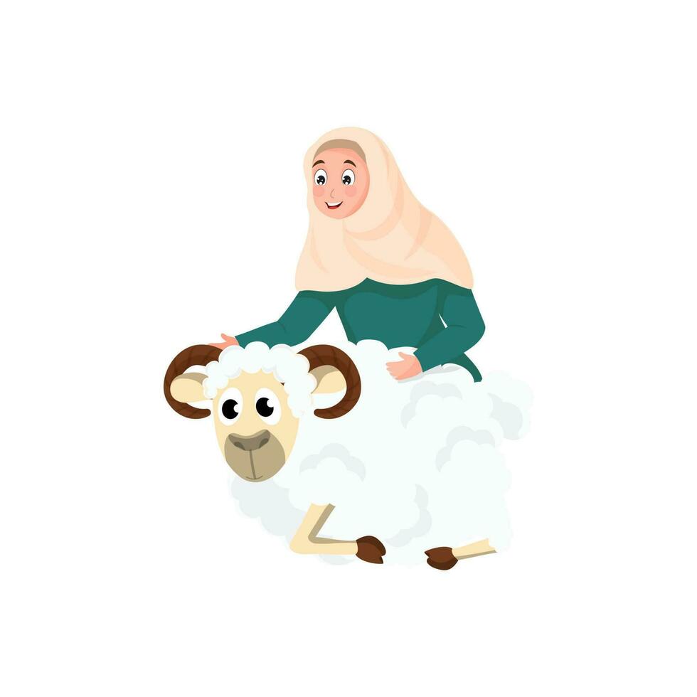 Illustration Of Islamic Young Lady Holding A Cartoon Sheep On White Background. vector