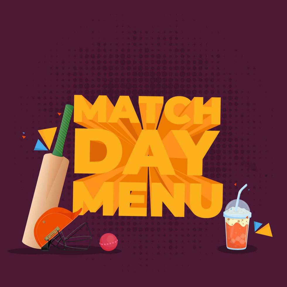 3D Match Day Menu Font With Cricket Equipments And Drink Glass On Purple Halftone Effect Background. vector