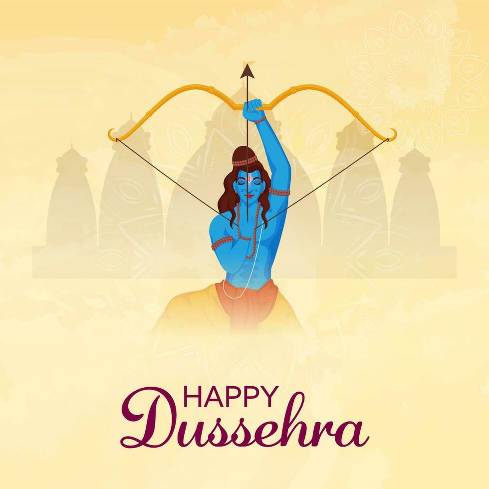 Happy Dussehra Celebration Poster Design With Lord Rama Taking An Aim On Beige Silhouette Ayodhya View And Mandala Background. vector