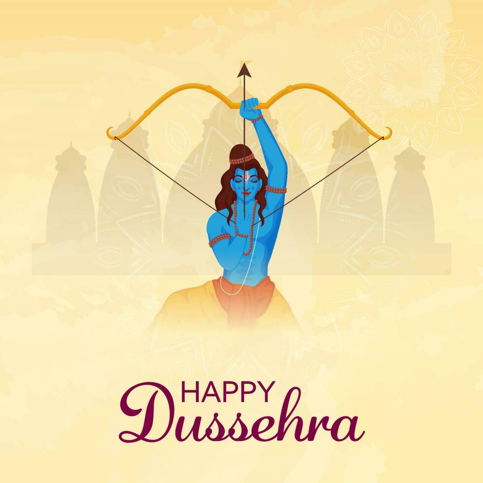 contento dussehra celebracion póster diseño con señor rama tomando un objetivo en beige silueta ayodhya ver y mandala antecedentes. vector