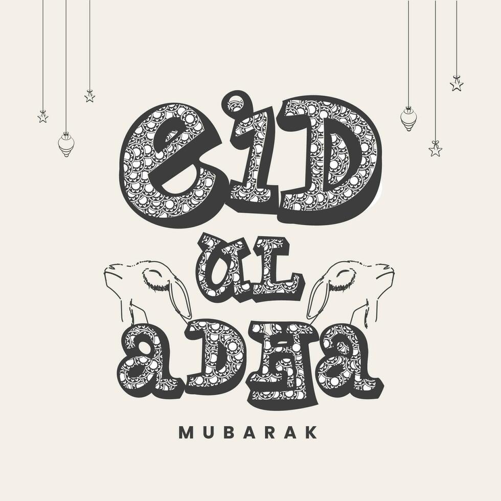 elegante eid ul adha fuente con garabatear estilo cabras, colgando linternas y estrellas en beige antecedentes. vector