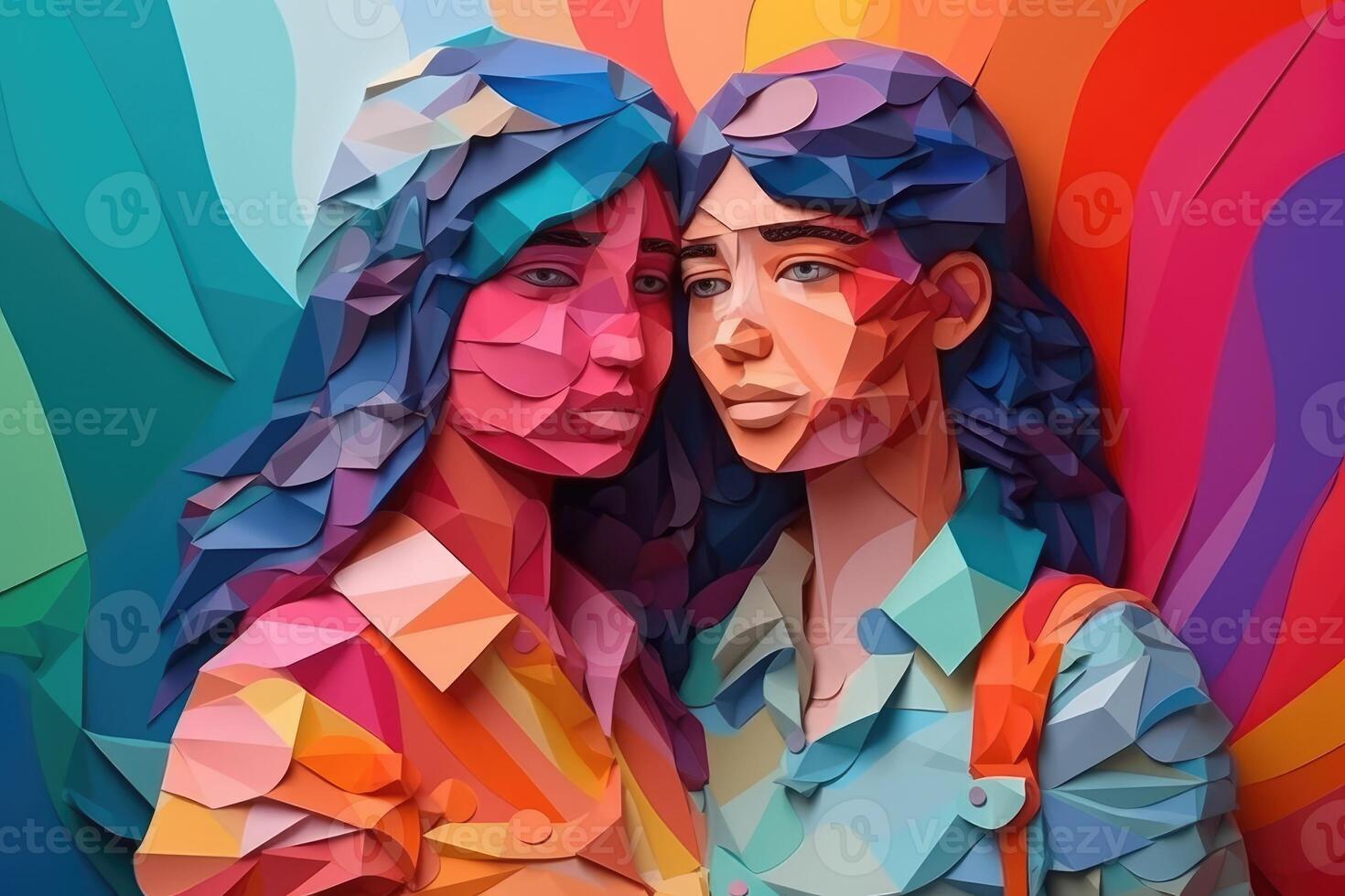 lesbiana Pareja abrazando cada otro, ilustración en papel Arte estilo para orgullo mes. generativo ai foto