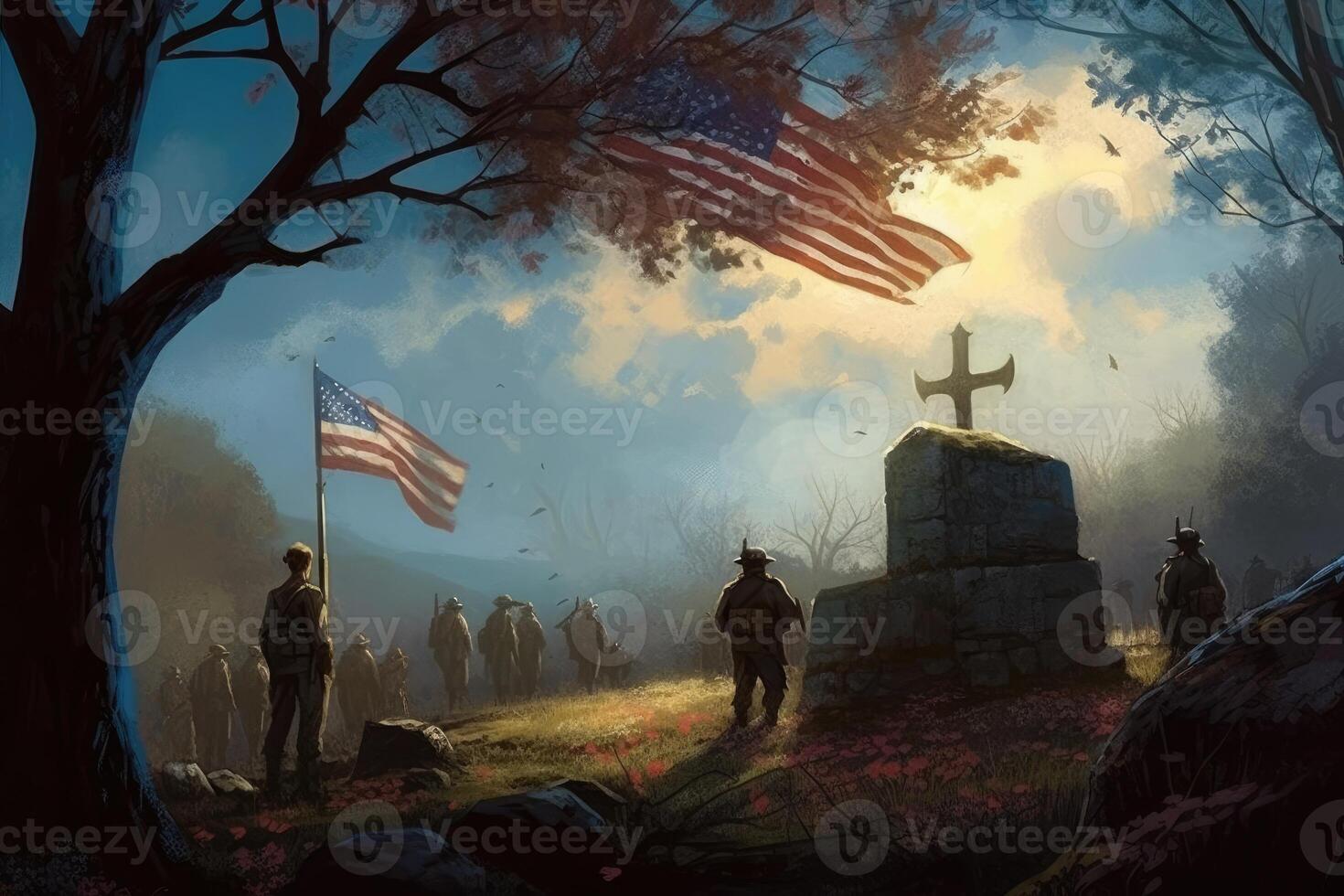 monumento día ilustración. diseño con americano banderas, soldados y lápidas con generativo ai foto
