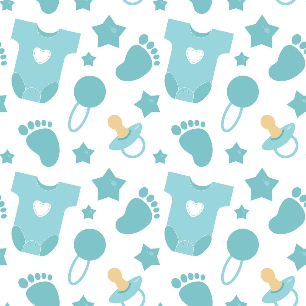 Baby care blue accessories seamless pattern. Bottle, dress, stars, rattle and nipple. vector