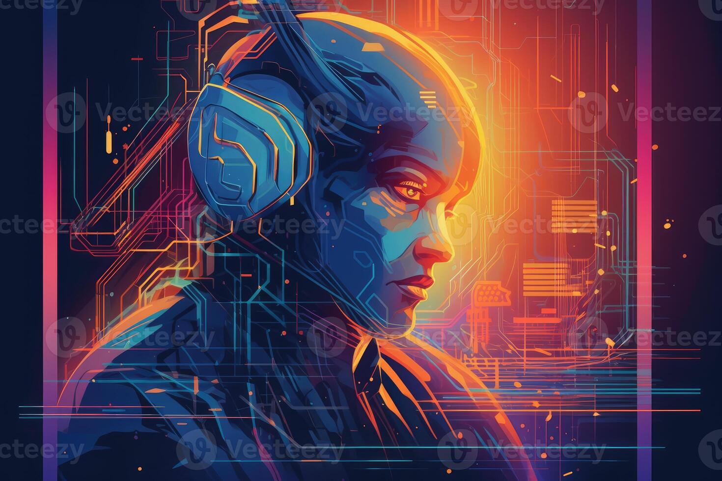 Abstract and retro futuristic robot woman illustration with multiple color laser neon effect. photo