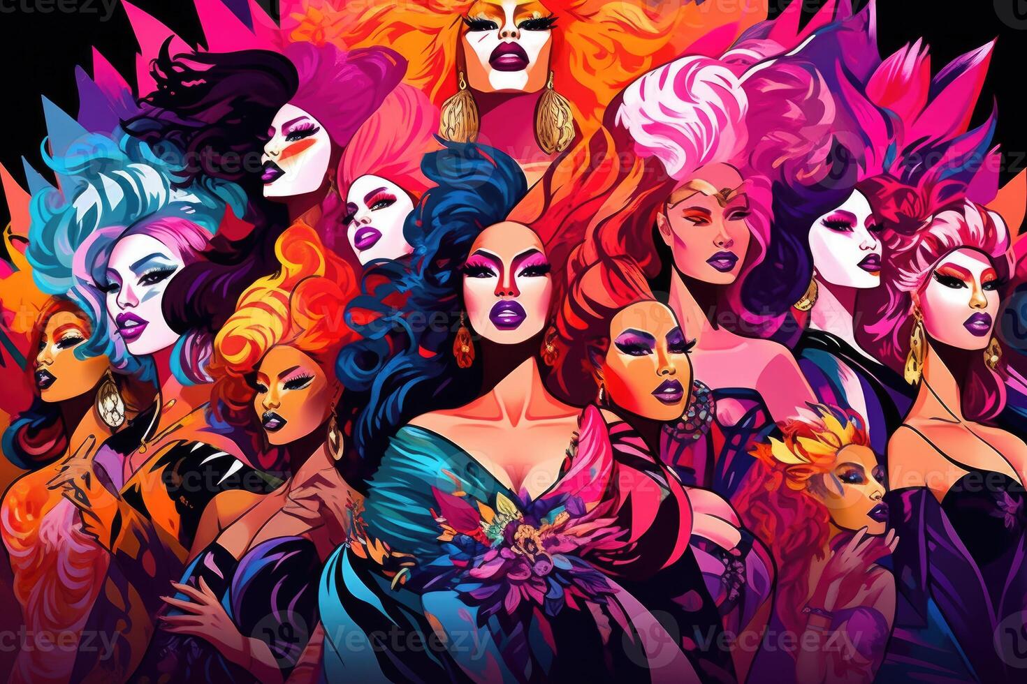Men dressed up as a woman on colorful background, Drag queen illustration for Pride month. photo