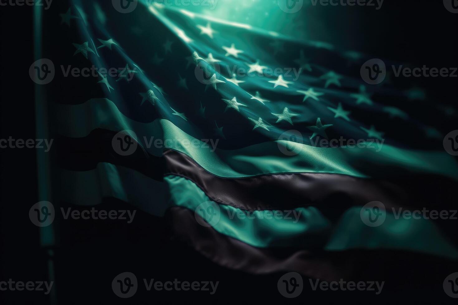 el americano bandera es volador en el ciudad bokeh efecto antecedentes. generativo ai foto