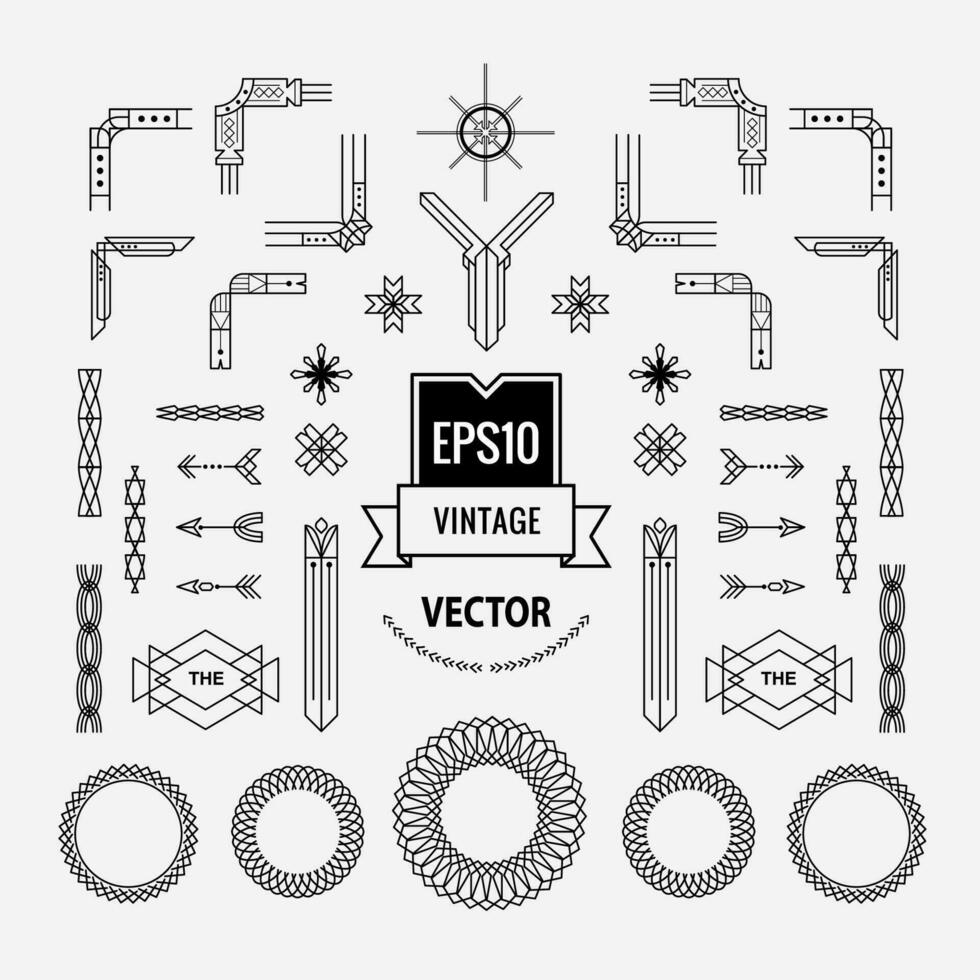 set of vintage linear thin line art deco retro geometric shape design elements with frame corner badge vector
