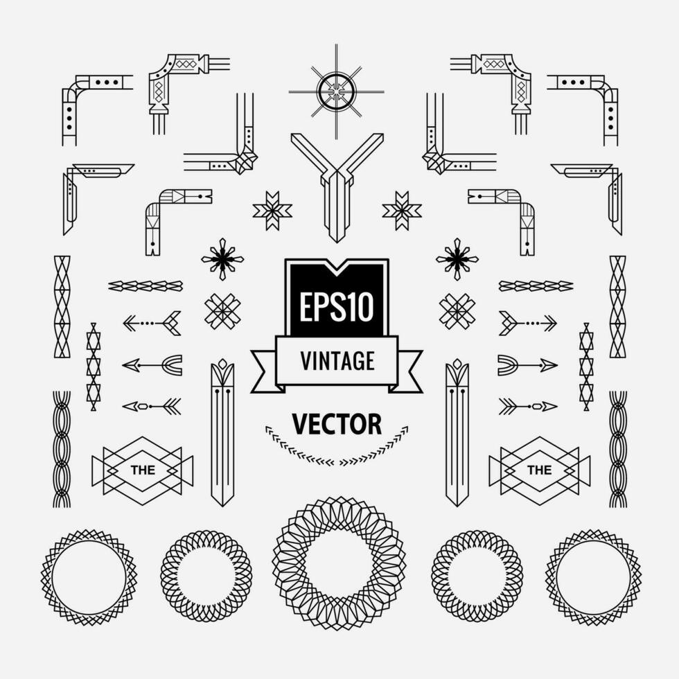 set of vintage linear thin line art deco retro geometric shape design elements with frame corner badge vector