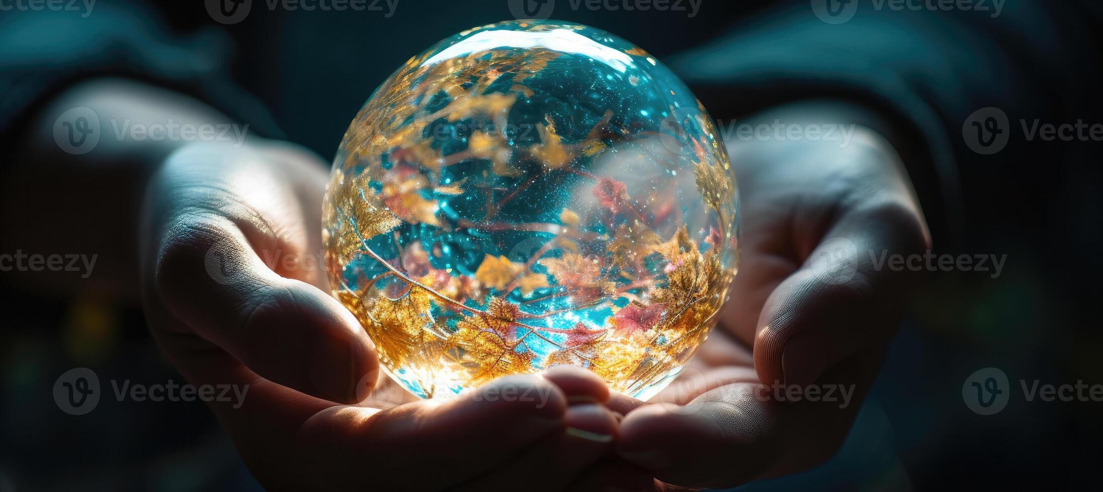 Earth globe in hands on the background of bright sun. photo