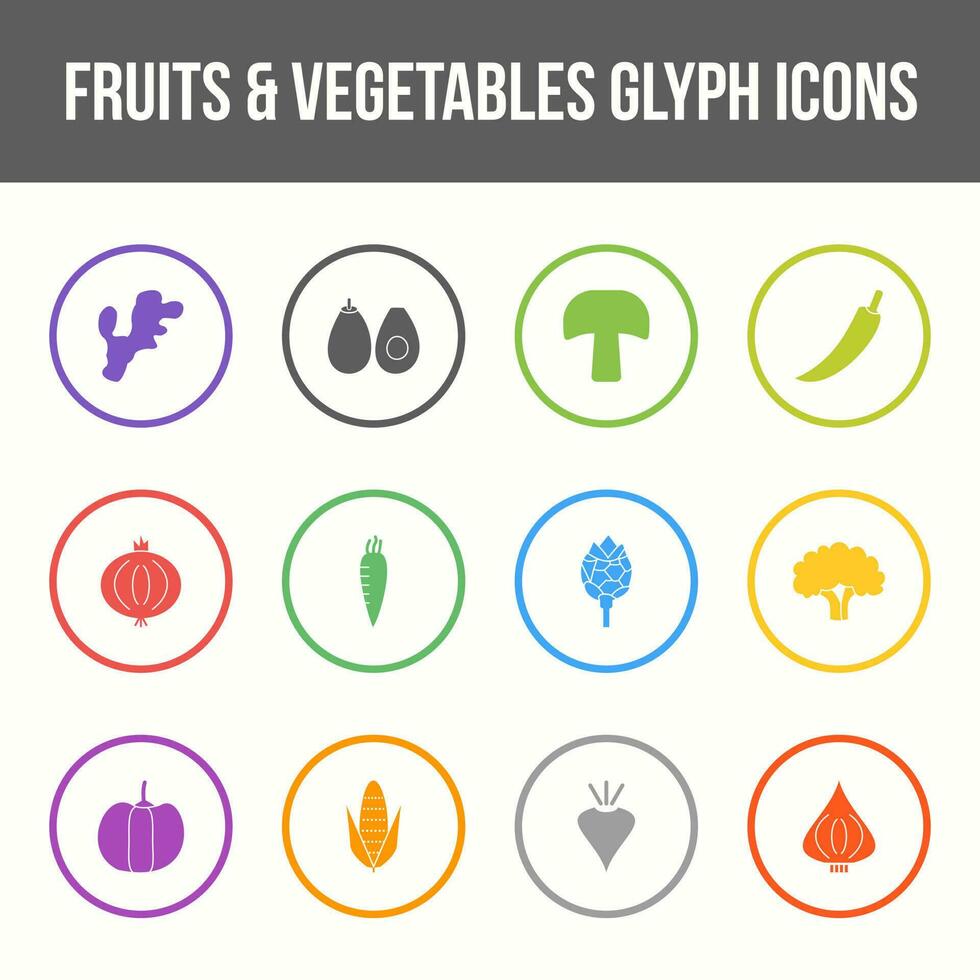 Unique fruits and vegetables vector glyph icon set