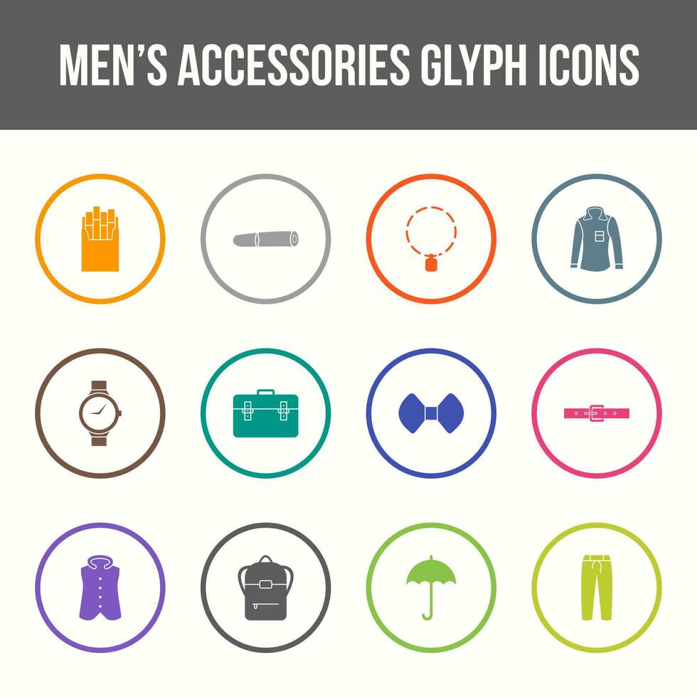 Unique men's accessories vector glyph icon set