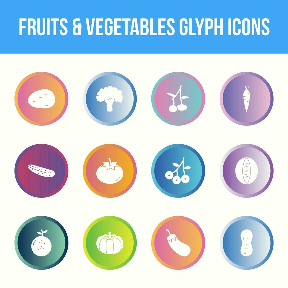 Unique fruits and vegetables vector glyph icon set