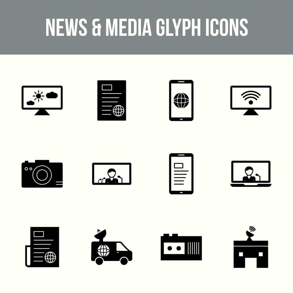 único Noticias y medios de comunicación vector glifo icono conjunto