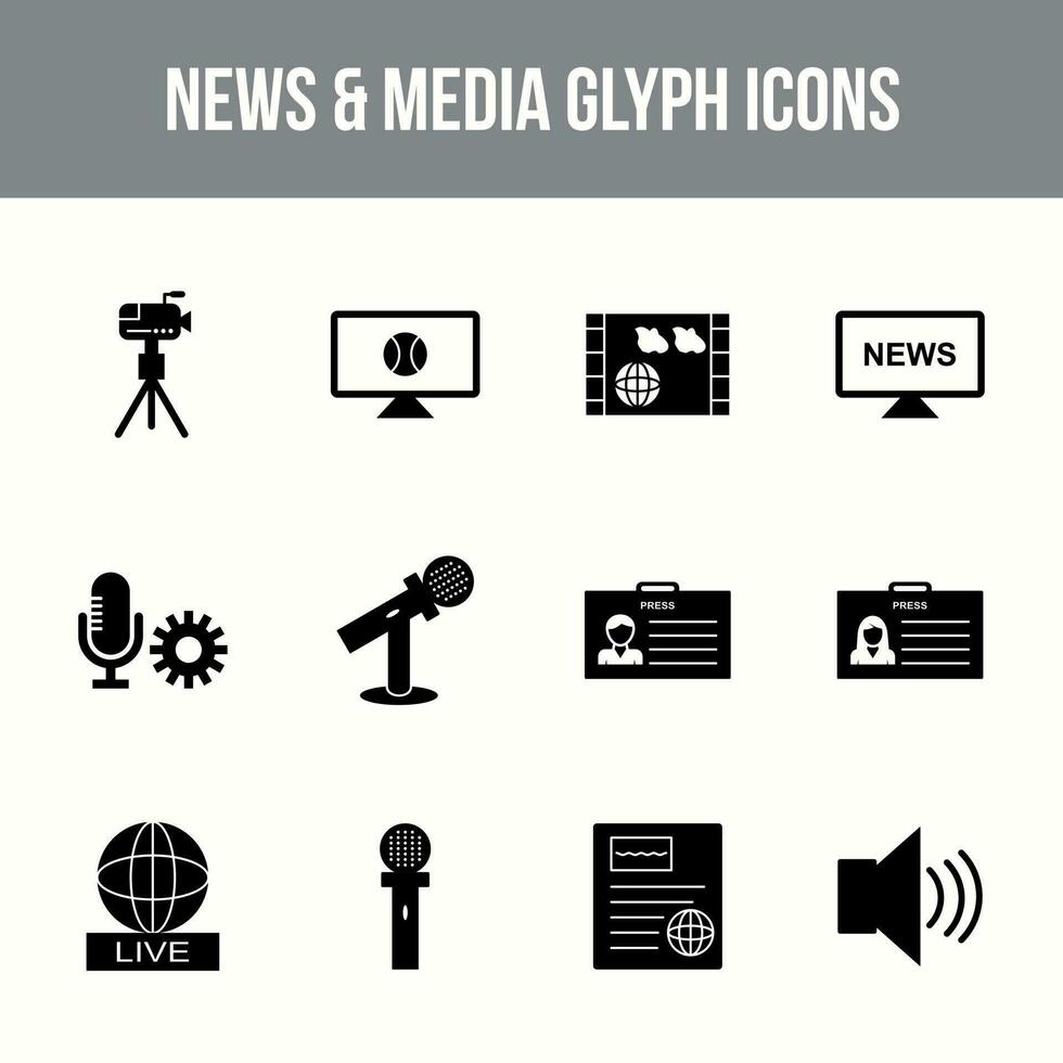 único Noticias y medios de comunicación vector glifo icono conjunto