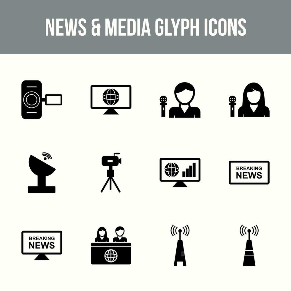 Unique news and media vector glyph icon set