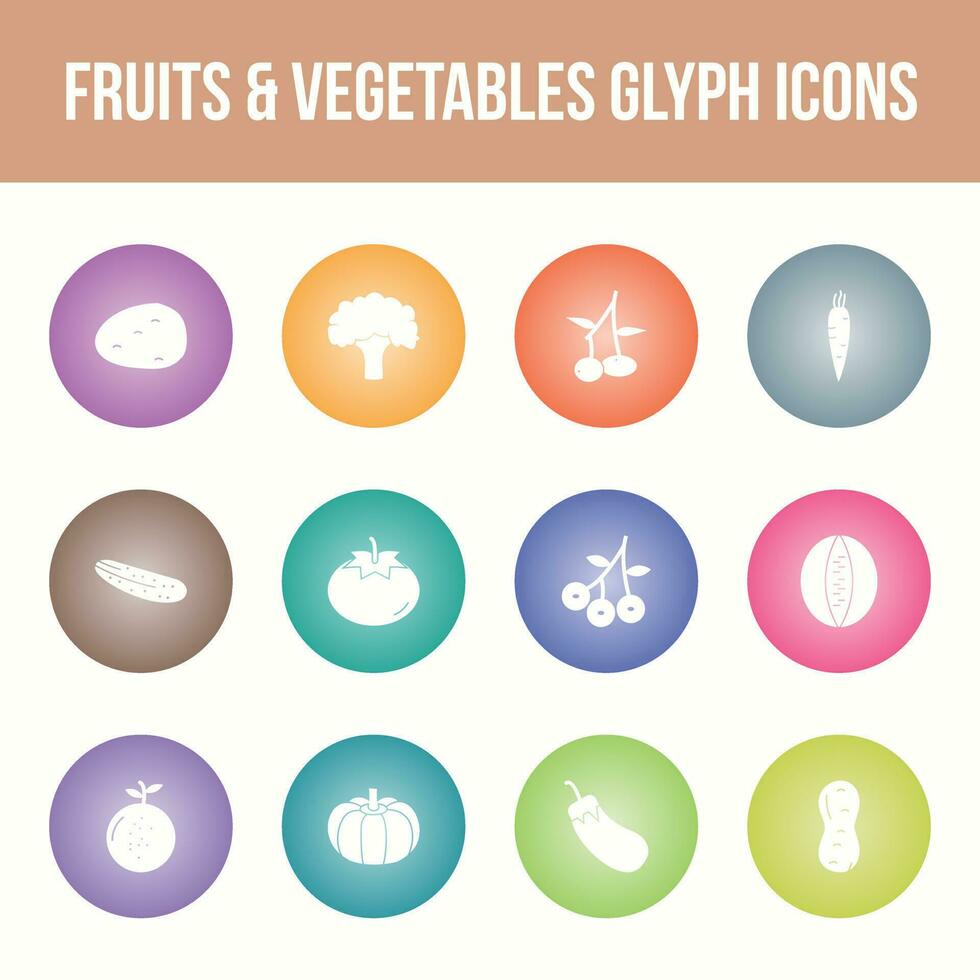 Unique fruits and vegetables vector glyph icon set