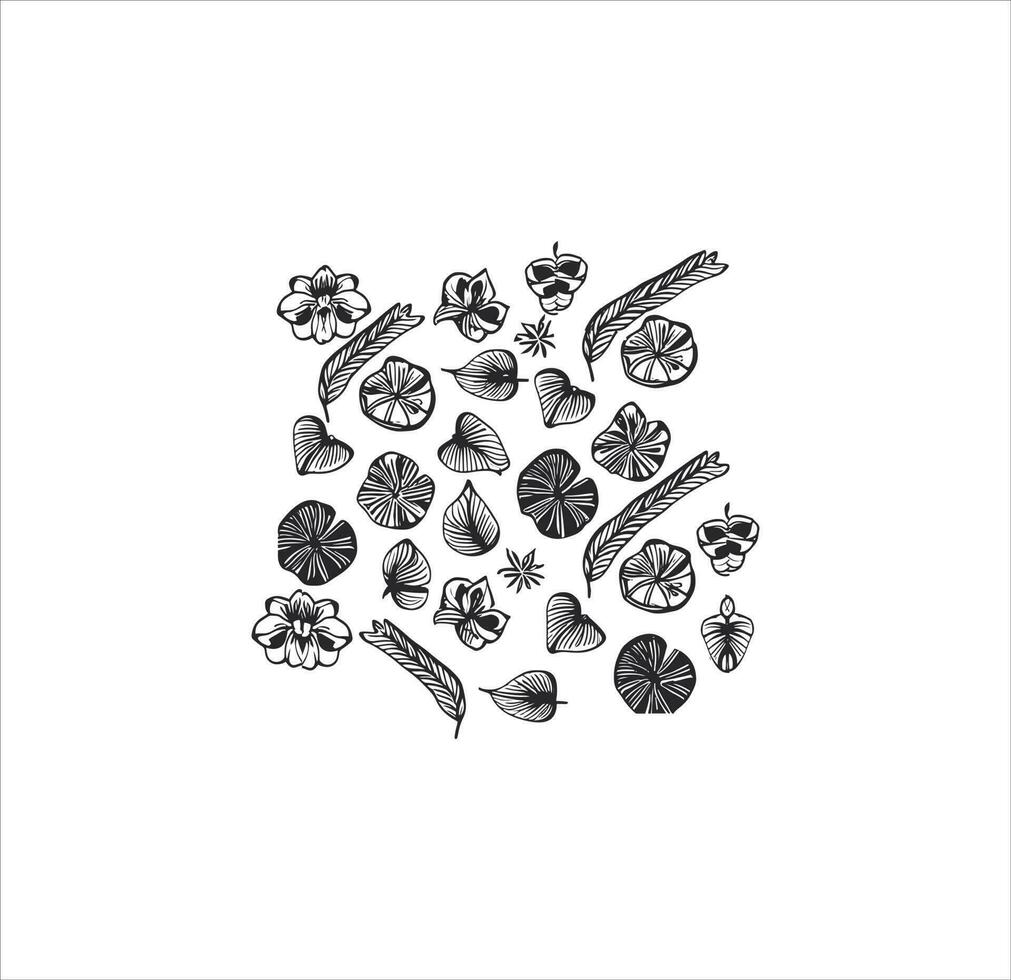 Leaves and flowers icon vector line art.