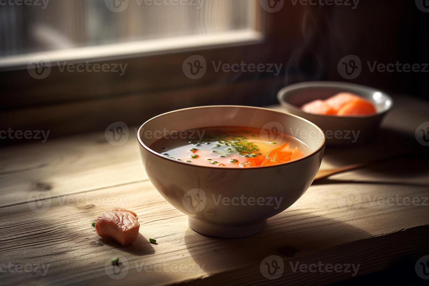 a bowl soup with salmon AI Generate photo
