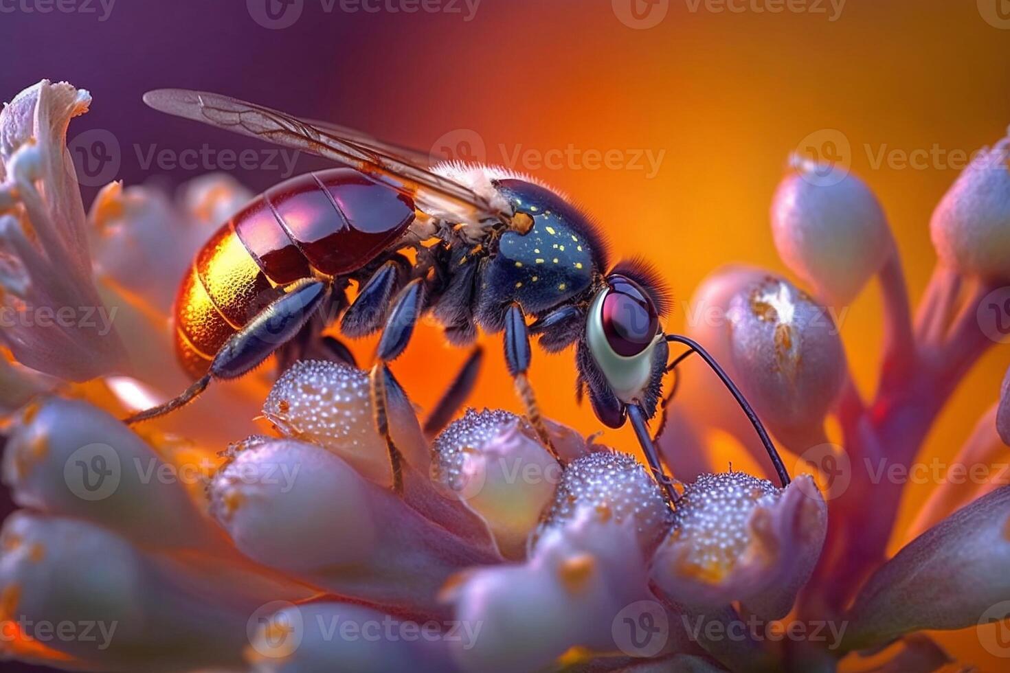 Portrait macro bee on the flower AI Generate photo