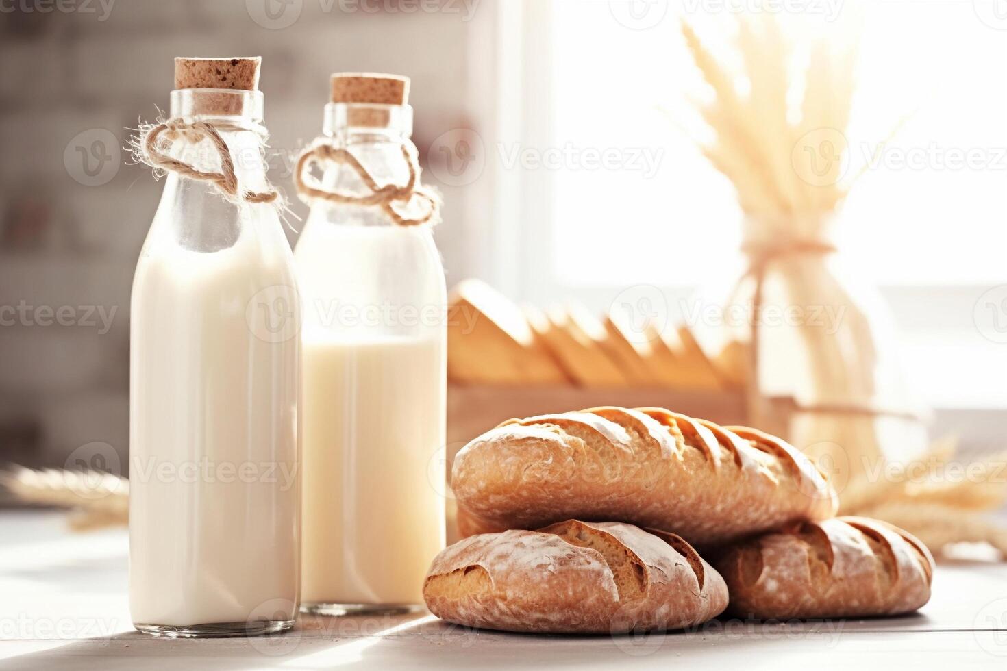 A bottle of milk with bread AI Generate photo