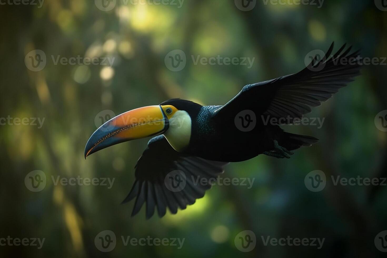 Toucan flying in the forest AI Generate photo