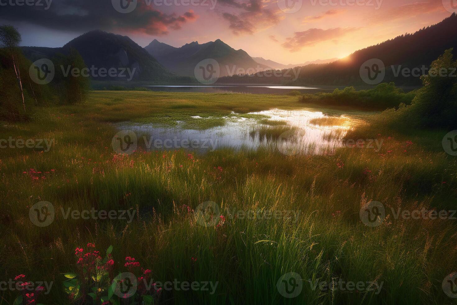 Meadow on lake AI Generate photo