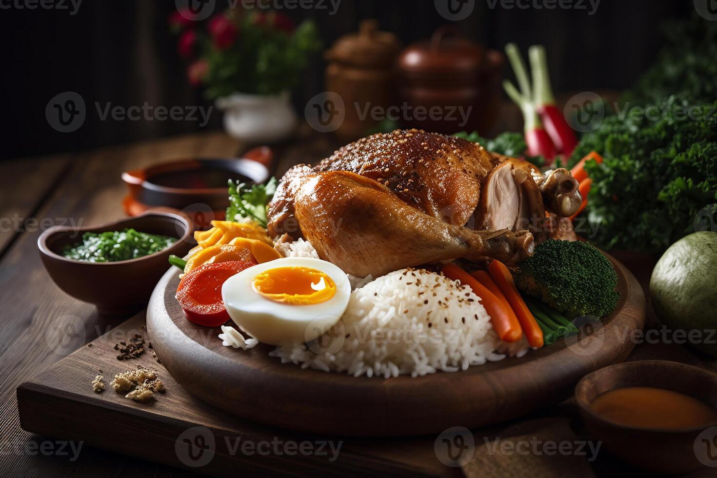 Asian food on the wooden board AI Generate photo