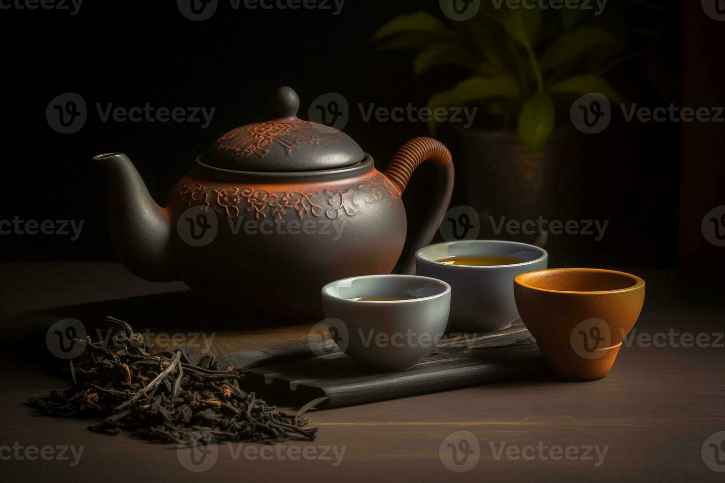 un taza apagado té con tetera ai generar foto