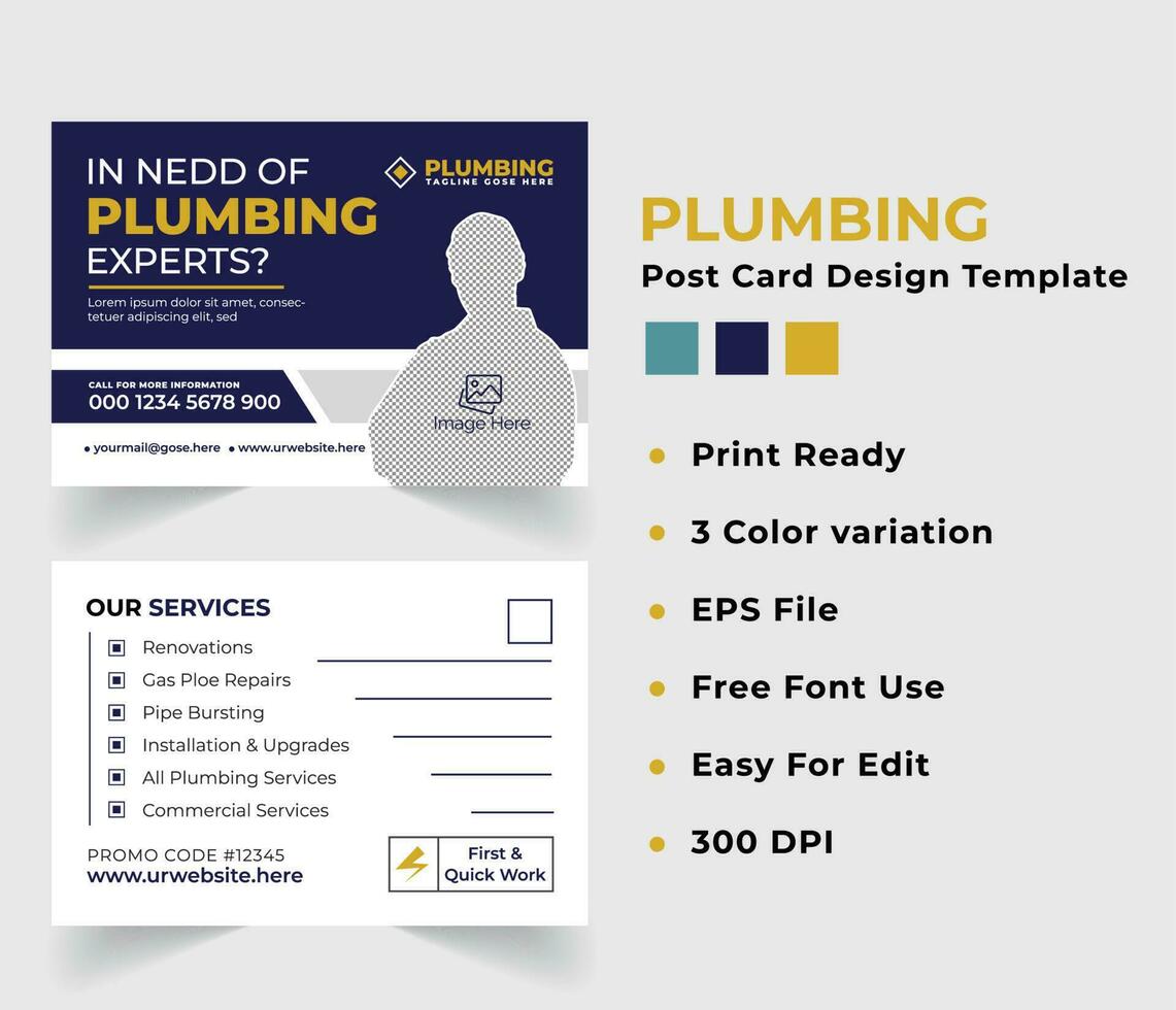 Plumbing service Post Card Design For Promoting Business. vector