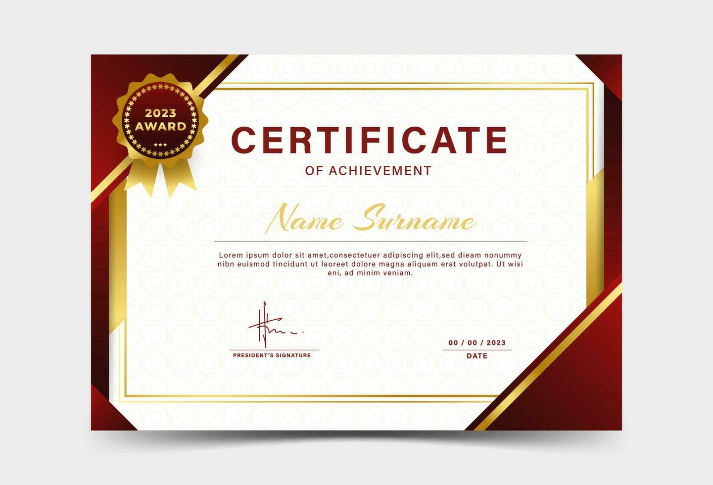 Award Certificate Template Layout with Badges, red and gold gradation, luxury, elegant, eps 10 vector