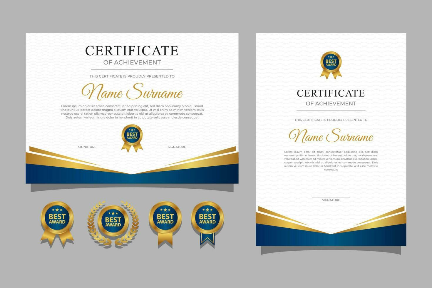 Modern blue and gold certificate of achievement template with badge vector