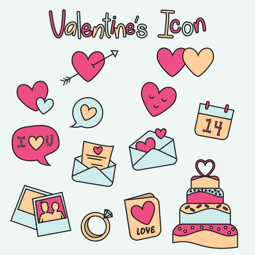 Set of hand drawn Valentine's day flat vector icons isolated on a white background
