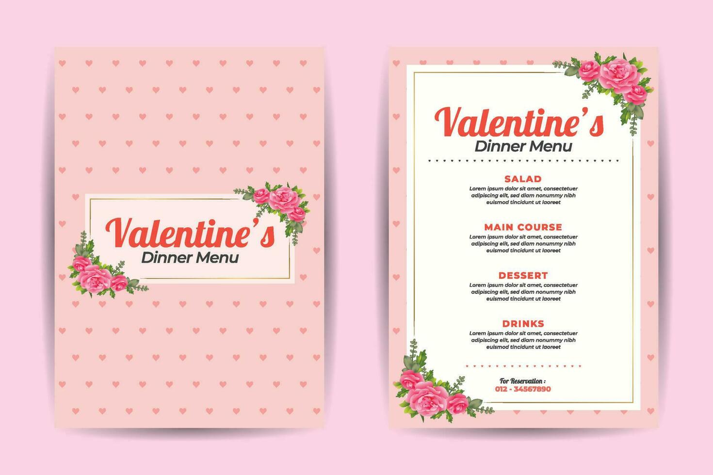 Valentines Dinner Menu Front Back Template Design vector