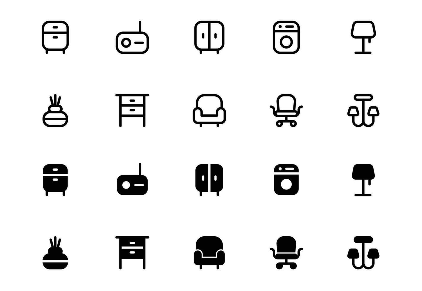 Furniture flat line icons set. wardrobe, radio, sofa, table, chair, office Chair,  lamps, ladder vector illustrations. Outline signs of house interior, editable stroke.