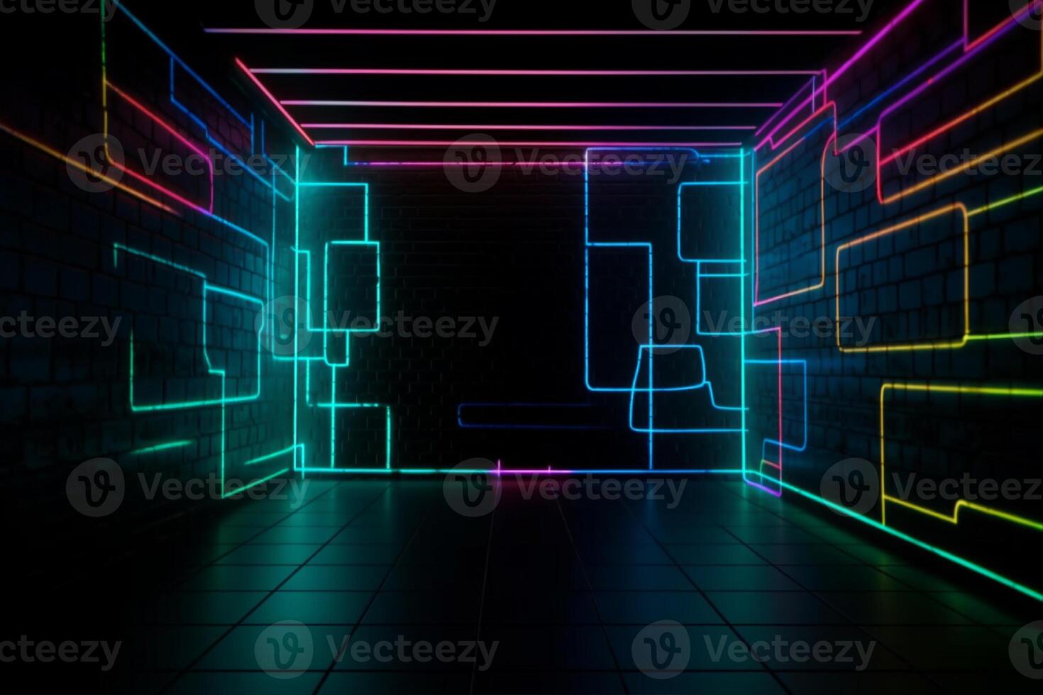 A dark room with neon lights and a brick wall, neon wall background photo