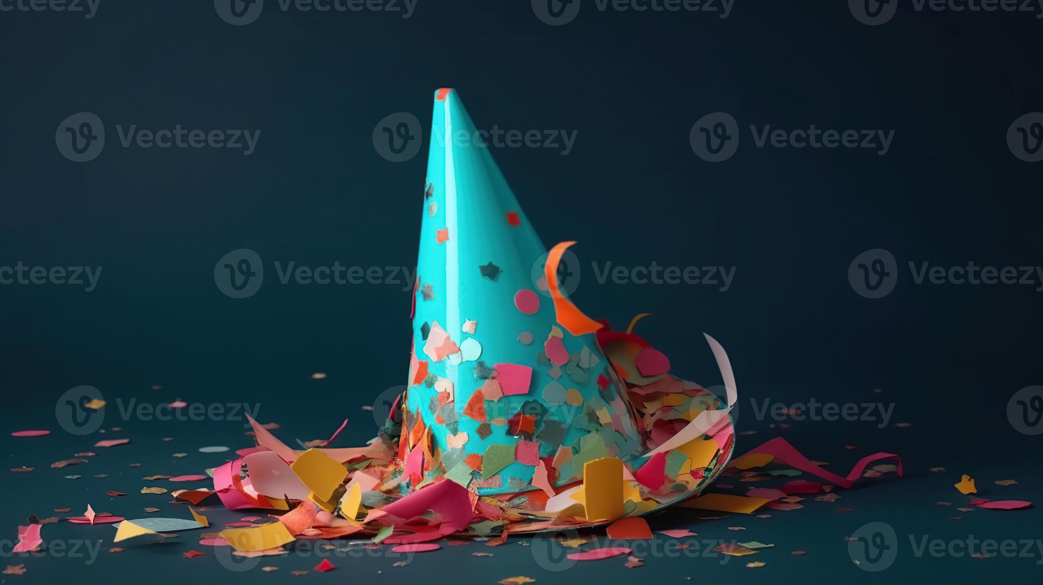 Colored confetti and party hat on blue background, 23307211 Stock Photo
