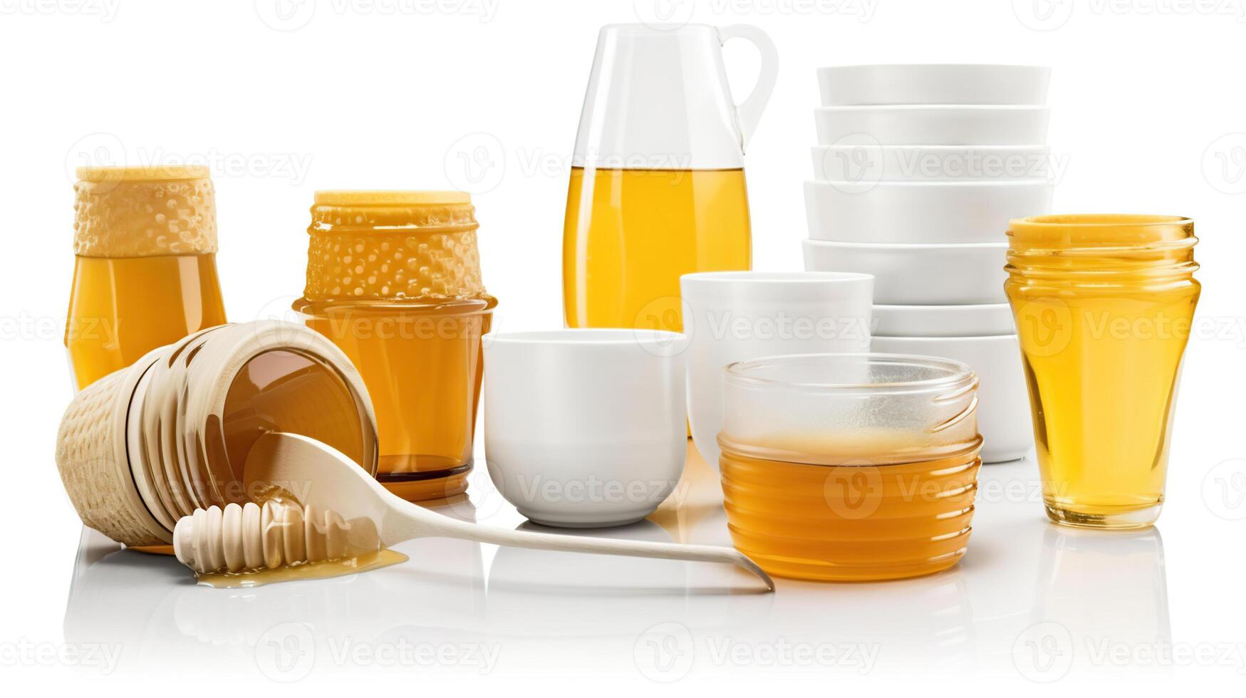 Honey jars, cups and dippers set isolated on white background. Package design elements with clipping path, photo