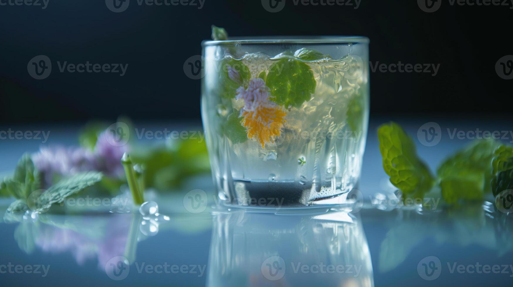 Transparent glass of fresh cocktail with mint leaves and flowers placed on surface against blue background, photo